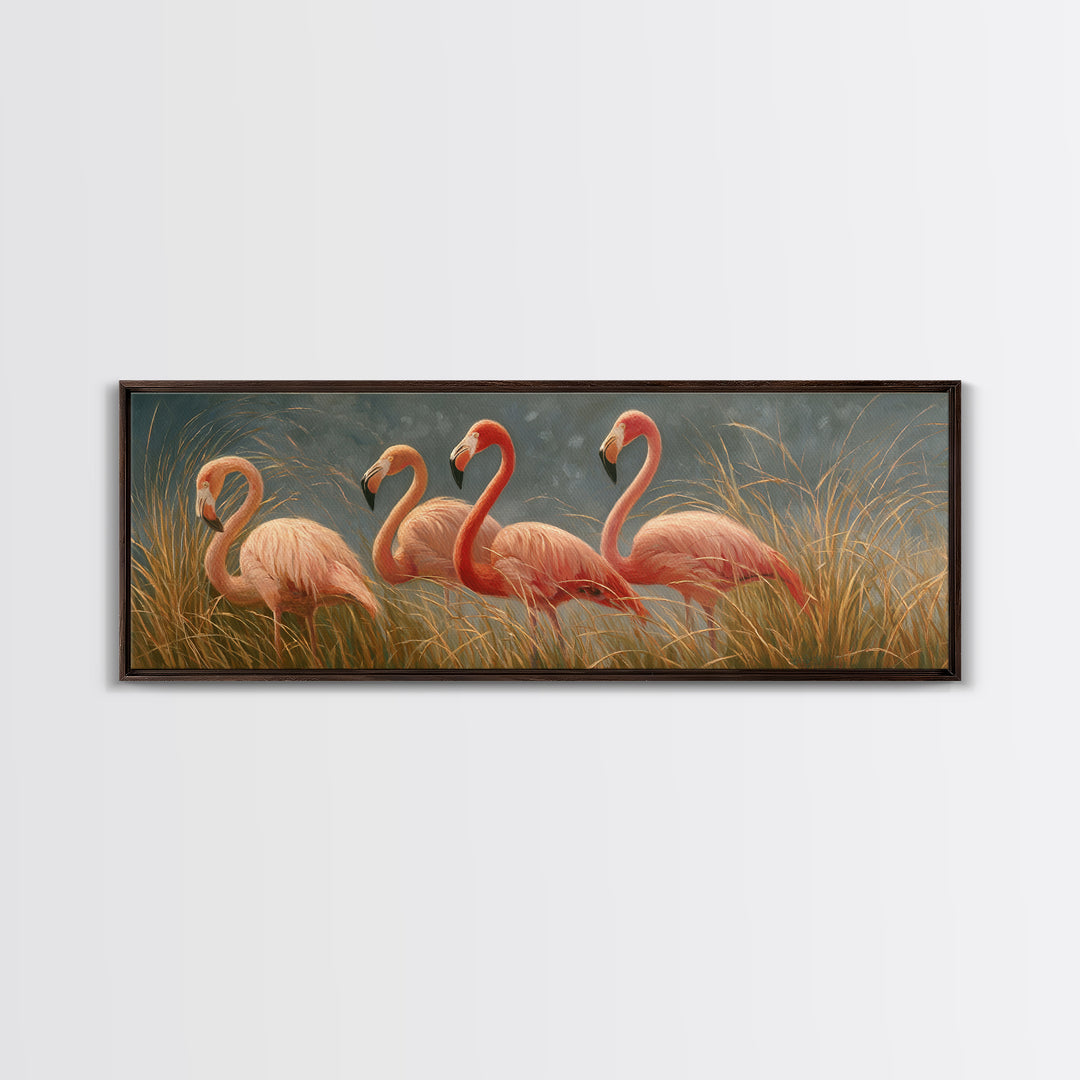 Pink Flamingos Among Tropical Water Plants Framed Canvas Print, Tropical Art, Coastal Art, Living Room Decor, Fine Art, Tropic, TRO-3x1-90