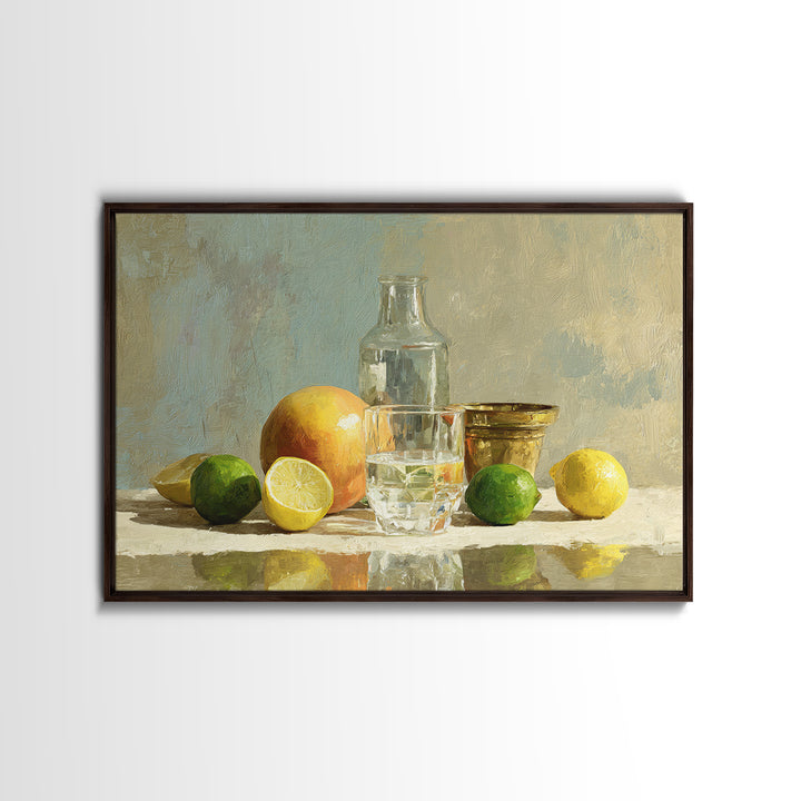 Bright Papaya and Lime Still Life Framed Canvas Print, Tropical Art, Wall Art, Living Room Decor, Oil Painting, Tropic, TRO-3x2-100