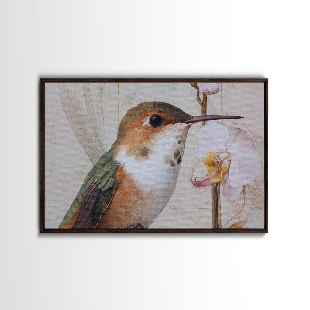 Orchid and Hummingbird Composition Framed Canvas Print, Tropical Art, Pink Wall Art, Living Room Decor, Fine Art, Tropic, TRO-3x2-14