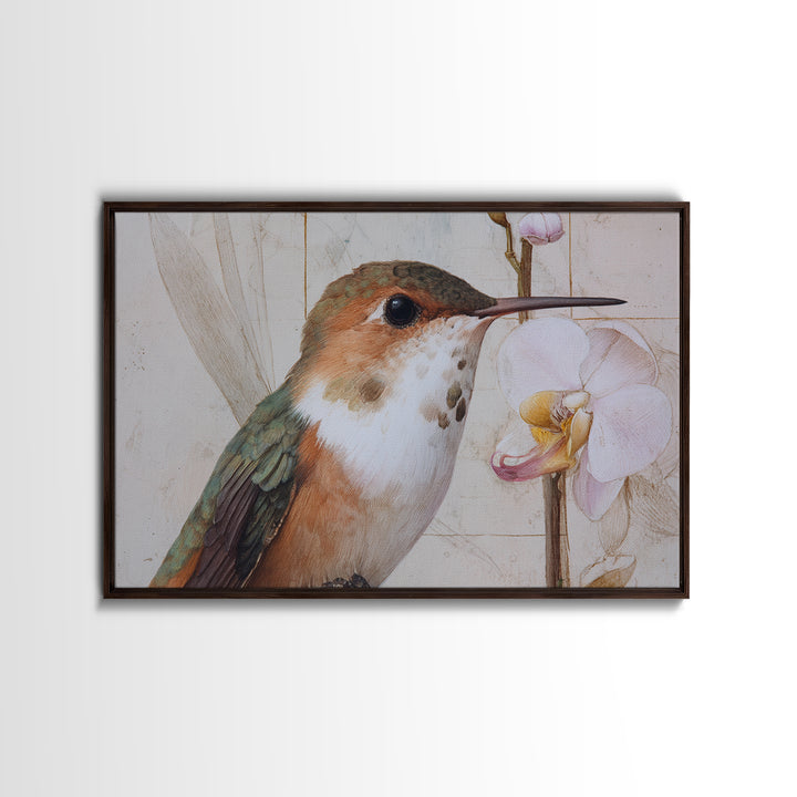 Orchid and Hummingbird Composition Framed Canvas Print, Tropical Art, Pink Wall Art, Living Room Decor, Fine Art, Tropic, TRO-3x2-14