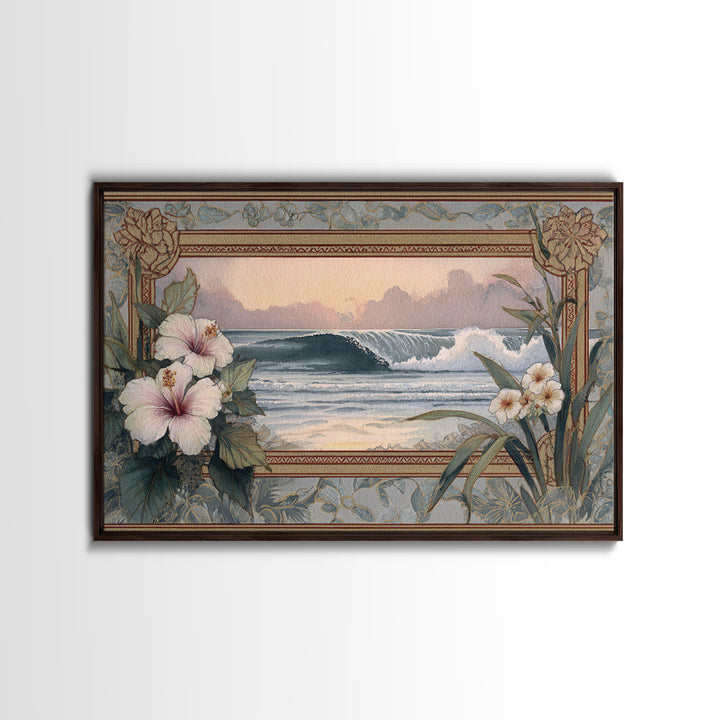 Sunset Surf Scene Framed Canvas Print, Tropical Art, Wall Art Prints, Living Room Decor, Fine Art, Tropic, Beach Wall Art, TRO-3x2-2