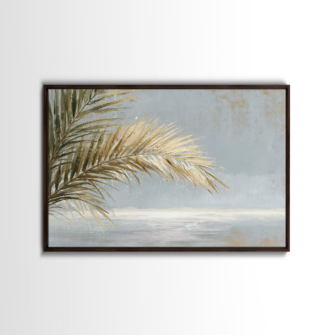 Rain Soaked Palm Leaf Closeup Framed Canvas Print, Tropical Art, Beach Print, Living Room Decor, Fine Art, Tropic, TRO-3x2-25
