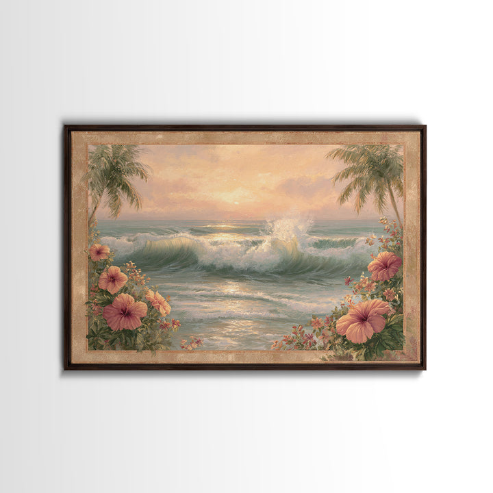 Sunset Surf Scene Canvas Print, Tropical Art, Bird Art, Living Room Decor, Watercolor Art, Tropic, Whimsical Art, Botanical Art, TRO-3x2-26