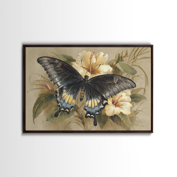 Tropical Butterfly and Flower Study Framed Canvas Print, Tropical Art, Gallery Decor, Living Room Decor, Fine Art, Tropic, TRO-3x2-27