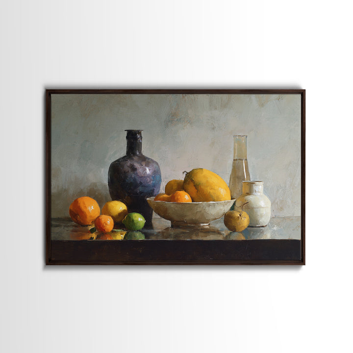 Bright Papaya and Lime Still Life Framed Canvas Print, Tropical Art, Coastal Decor, Living Room Decor, Fine Art, Tropic, TRO-3x2-28