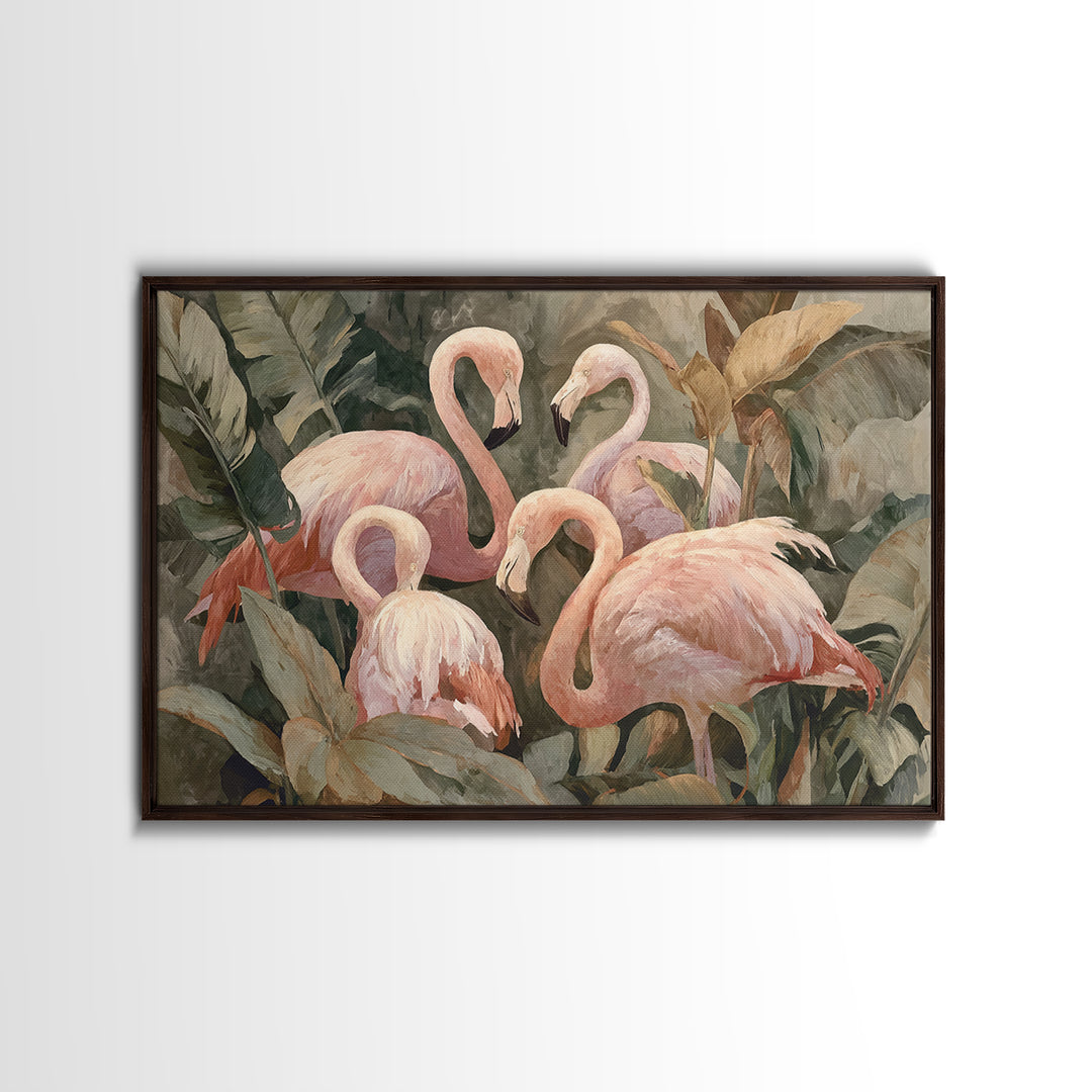 Pink Flamingos Among Tropical Water Plants Canvas Print, Tropical Art, Beach Wall Art, Living Room Decor, Fine Art, Tropic, TRO-3x2-30