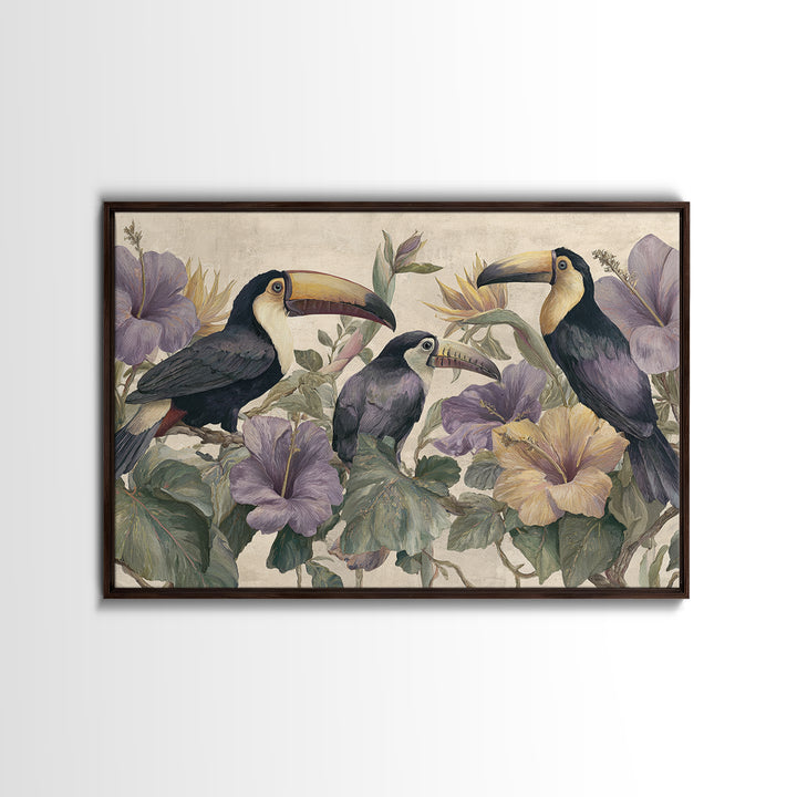 Toucans Surrounded by Bright Jungle Flowers Framed Canvas Print, Tropical Art, Statement Artwork, Living Room Decor, Tropic, TRO-3x2-31
