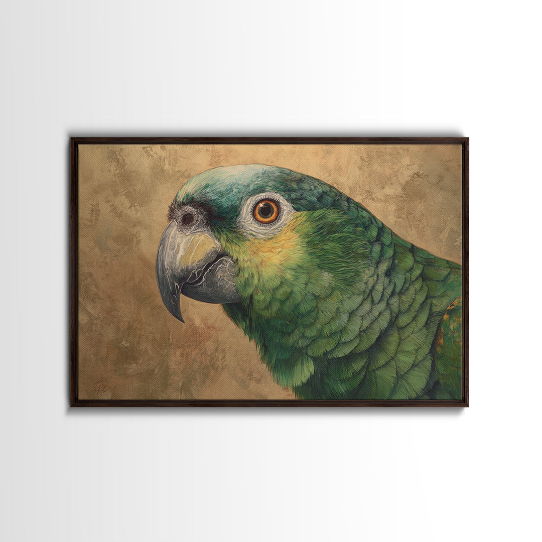 Parrot Portrait with Emerald Feathers Framed Canvas Print, Tropical Art, Whimsical Art, Living Room Decor, Fine Art, Tropic, TRO-3x2-36