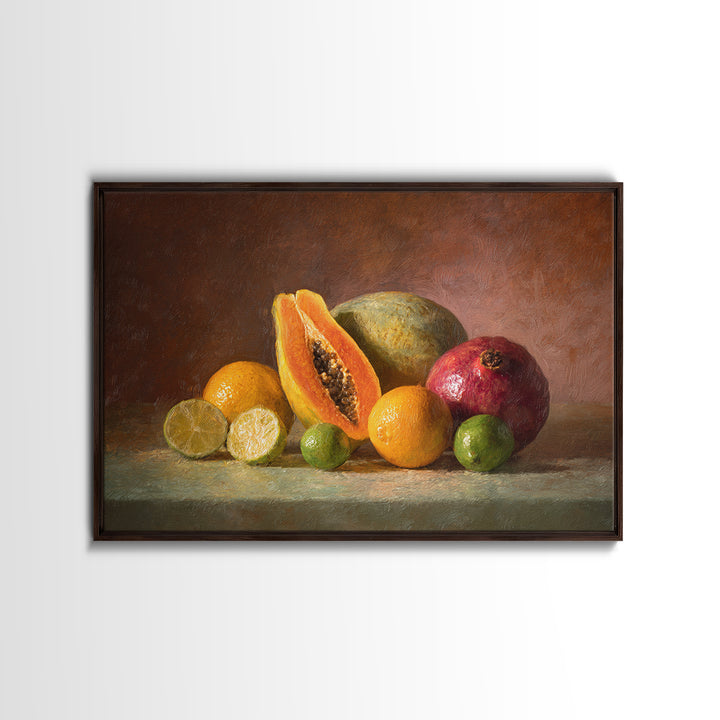 Bright Papaya and Lime Still Life Canvas Print, Tropical Art, Watercolor Painting, Living Room Decor, Oil Painting, Tropic, TRO-3x2-4