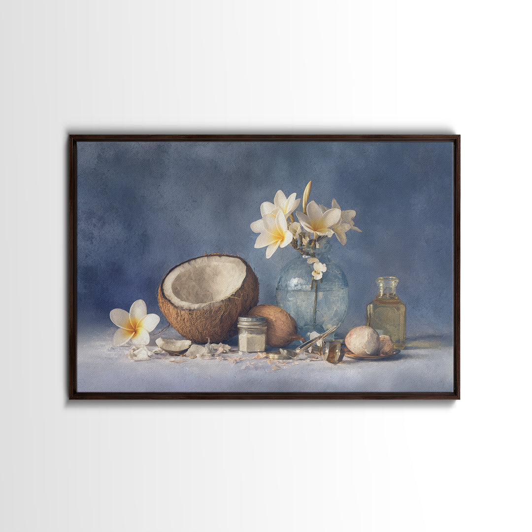 Coconut and Plumeria Still Life Framed Canvas Print, Tropical Art, Botanical Art, Living Room Decor, Oil Painting, Tropic, TRO-3x2-40
