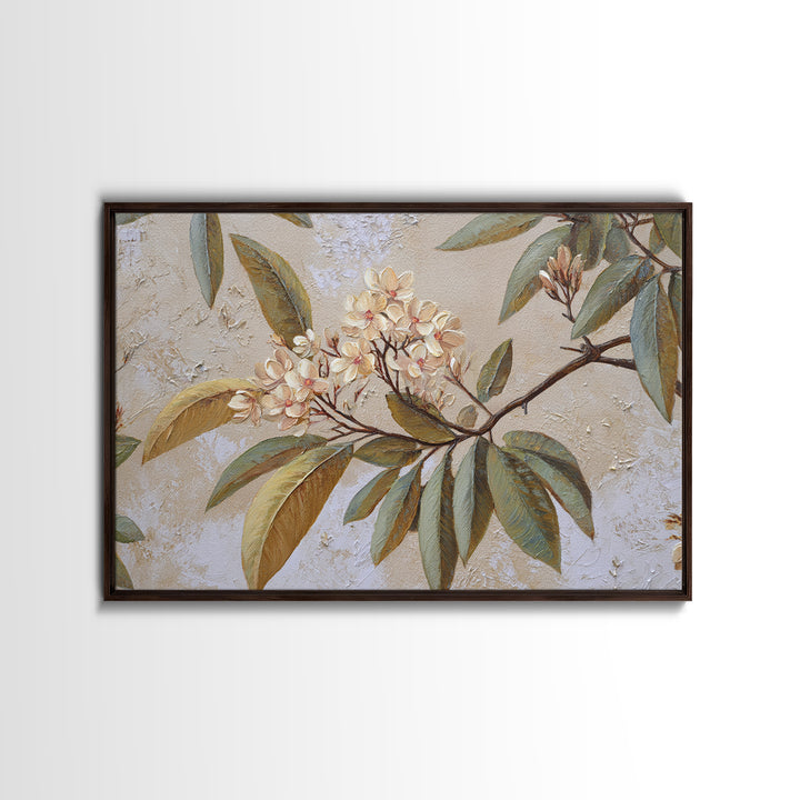 Mango Branch with Leaves and Flowers Framed Canvas Print, Tropical Art, Coastal Decor, Living Room Decor, Fine Art, Tropic, TRO-3x2-46