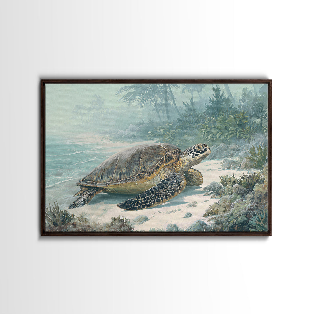 Sea Turtle Near Tropical Reef Framed Canvas Print, Tropical Art, Digital Art, Living Room Decor, Oil Painting, Tropic, TRO-3x2-47