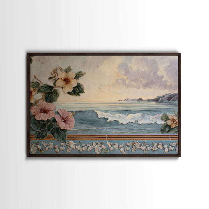 Sunset Surf Scene Framed Canvas Print, Tropical Art, Beach Decor, Living Room Decor, Oil Painting, Tropic, Fine Art Print, TRO-3x2-50