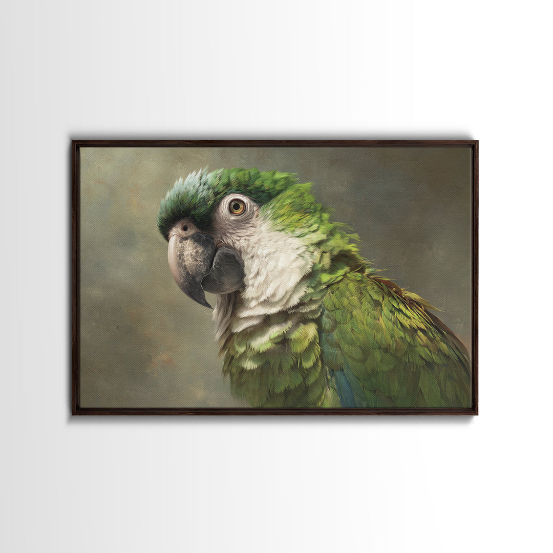 Parrot Portrait with Emerald Feathers Framed Canvas Print, Tropical Art, Textured Painting, Living Room Decor, Fine Art, Tropic, TRO-3x2-60