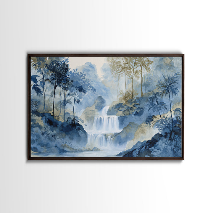 Jungle Waterfall with Misty Light Framed Canvas Print, Tropical Art, Beach Prints, Living Room Decor, Watercolor Art, Tropic, TRO-3x2-65
