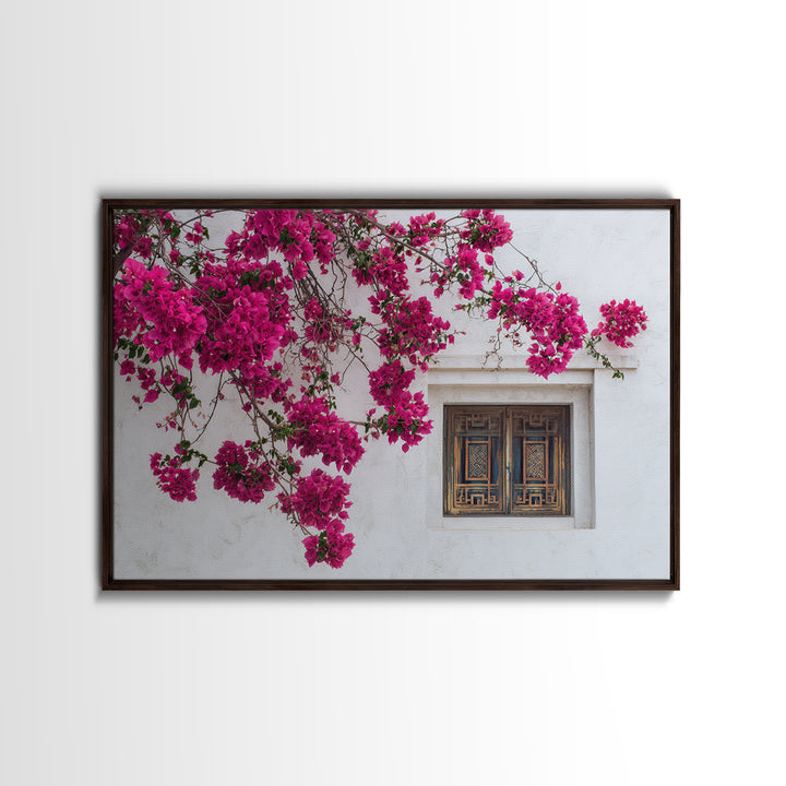 Pink Bougainvillea over White Wall Canvas Print, Tropical Art, Minimalist Decor, Living Room Decor, Fine Art, Tropic, TRO-3x2-68
