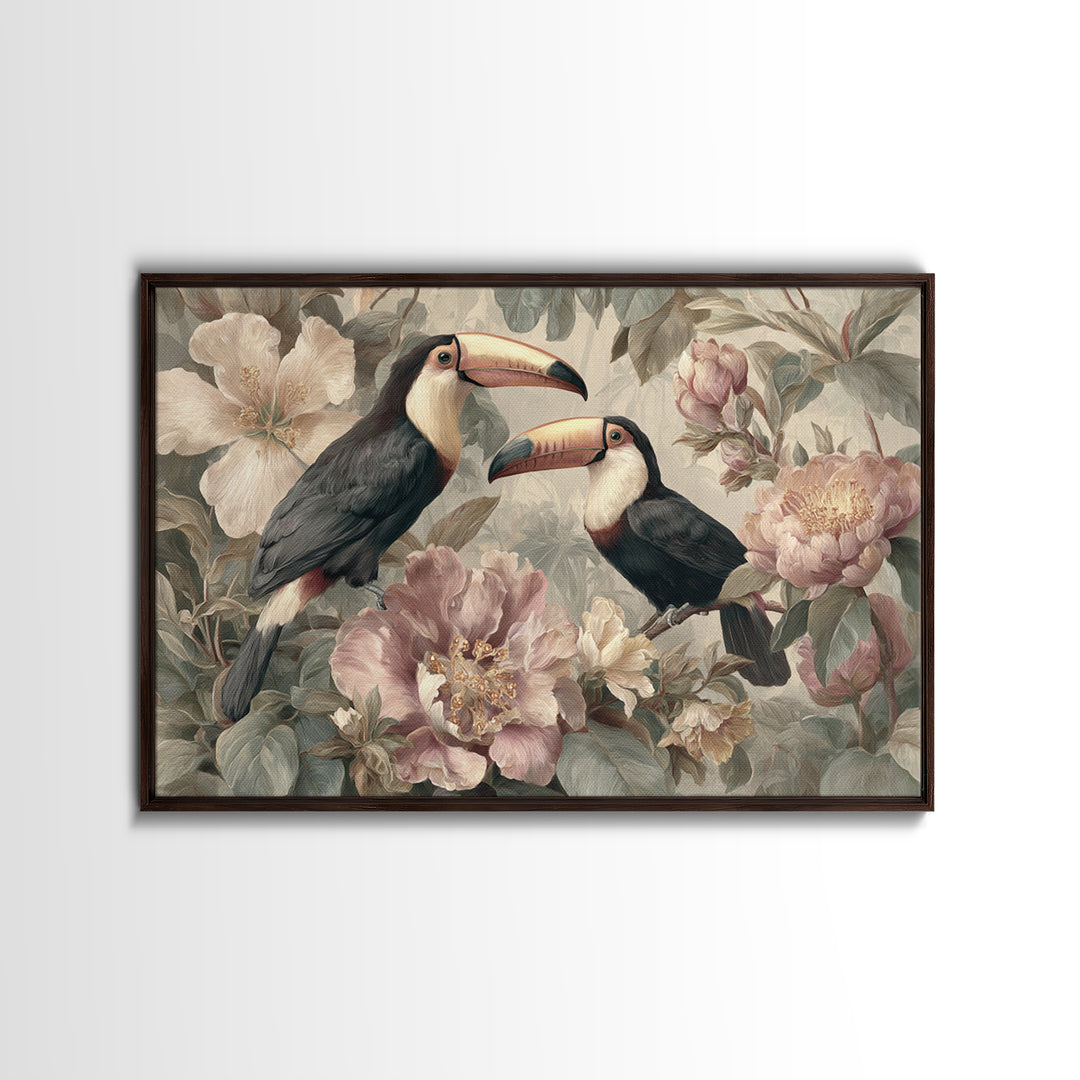 Toucans Surrounded by Bright Jungle Flowers Framed Canvas Print, Tropical Art, Printable Art, Living Room Decor, Tropic, TRO-3x2-7