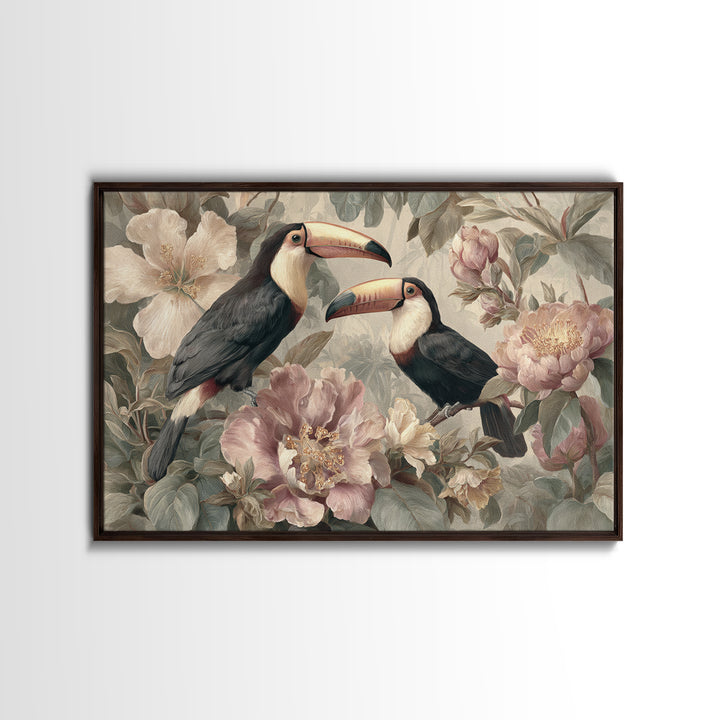 Toucans Surrounded by Bright Jungle Flowers Framed Canvas Print, Tropical Art, Printable Art, Living Room Decor, Tropic, TRO-3x2-7