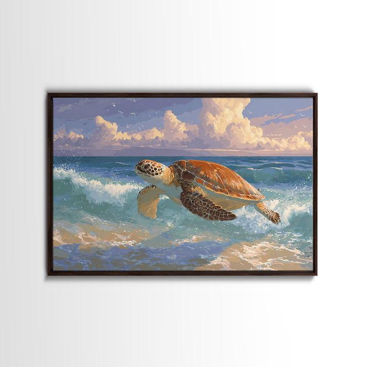 Sea Turtle Near Tropical Reef Framed Canvas Print, Tropical Art, Beach Prints, Living Room Decor, Watercolor Art, Tropic, TRO-3x2-71