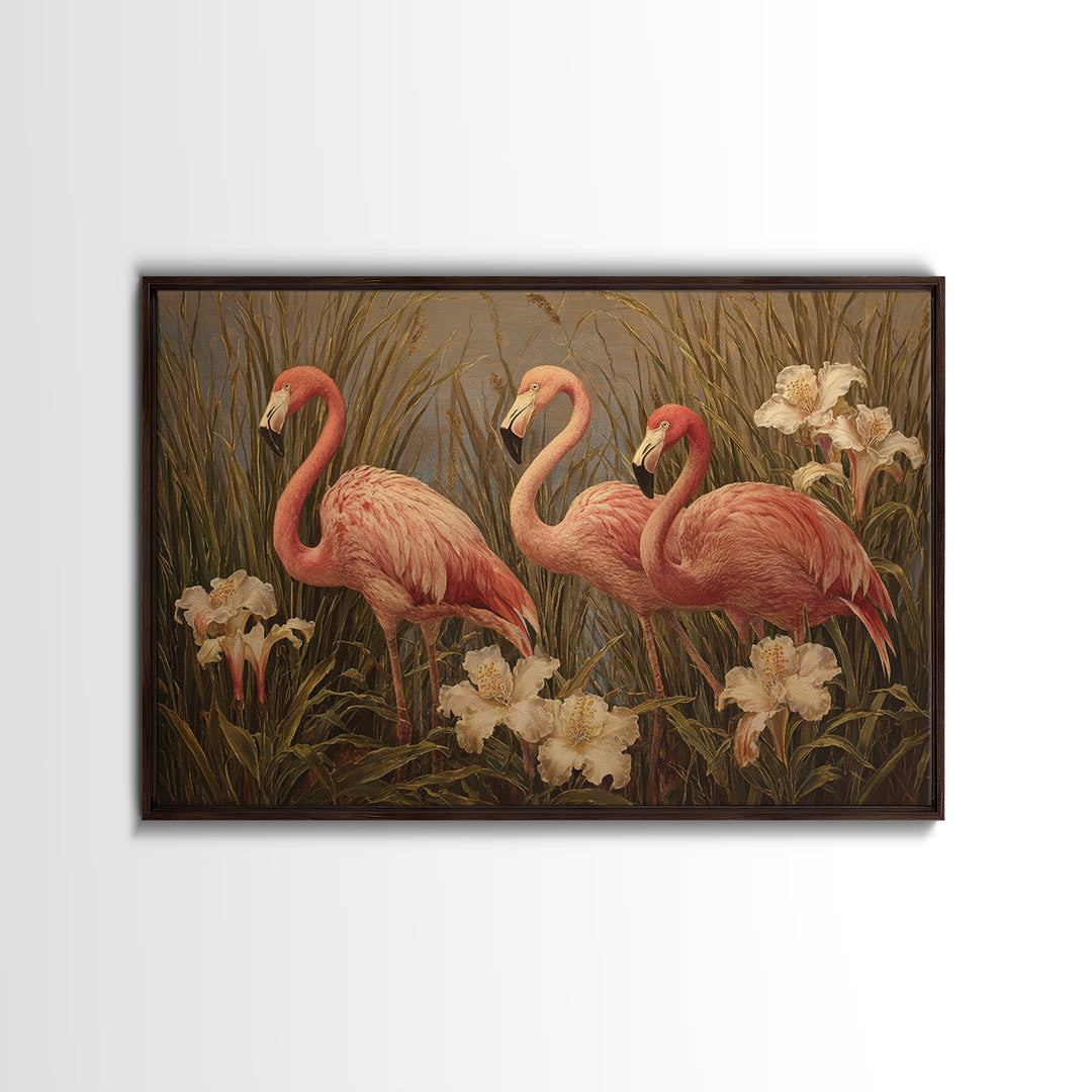 Pink Flamingos Among Tropical Water Plants Framed Canvas Print, Tropical Art, Whimsical Art, Living Room Decor, Tropic, TRO-3x2-78