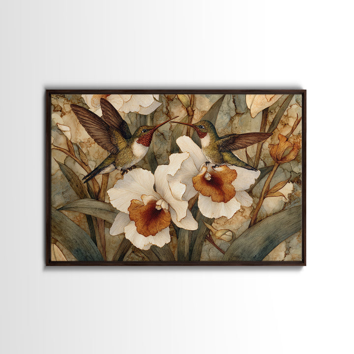 Orchid and Hummingbird Composition Framed Canvas Print, Tropical Art, Trendy Wall Art, Living Room Decor, Fine Art, Tropic, TRO-3x2-86