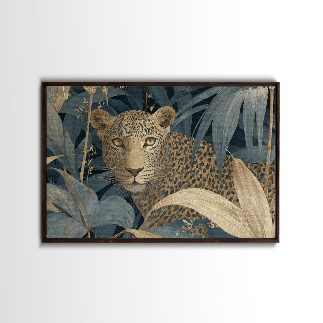 Leopard Hidden Among Palm Leaves Framed Canvas Print, Tropical Art, Coastal Art, Living Room Decor, Fine Art, Tropic, TRO-3x2-90
