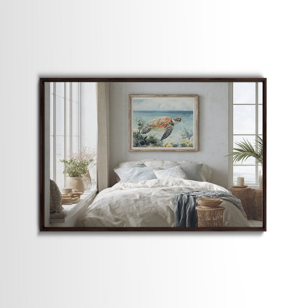 Sea Turtle Near Tropical Reef Framed Canvas Print, Tropical Art, Wall Art Prints, Living Room Decor, Fine Art, Tropic, TRO-3x2-95