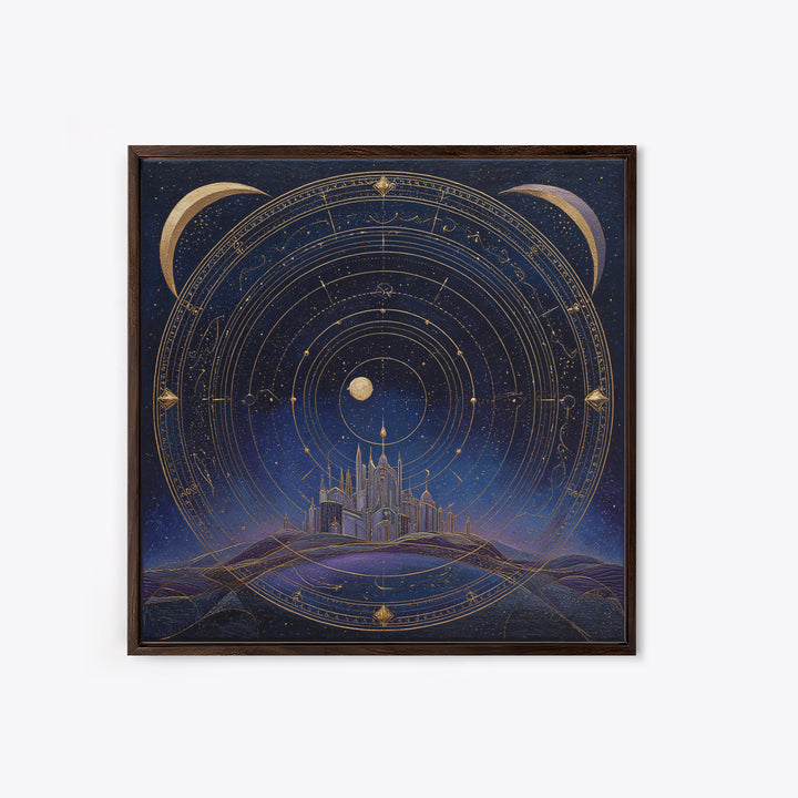 Night Skyline under Crescent Moon Framed Canvas Print, Urban Art, Digital Download Art, Living Room Decor, Abstract Art, Urban, URB-1x1-24
