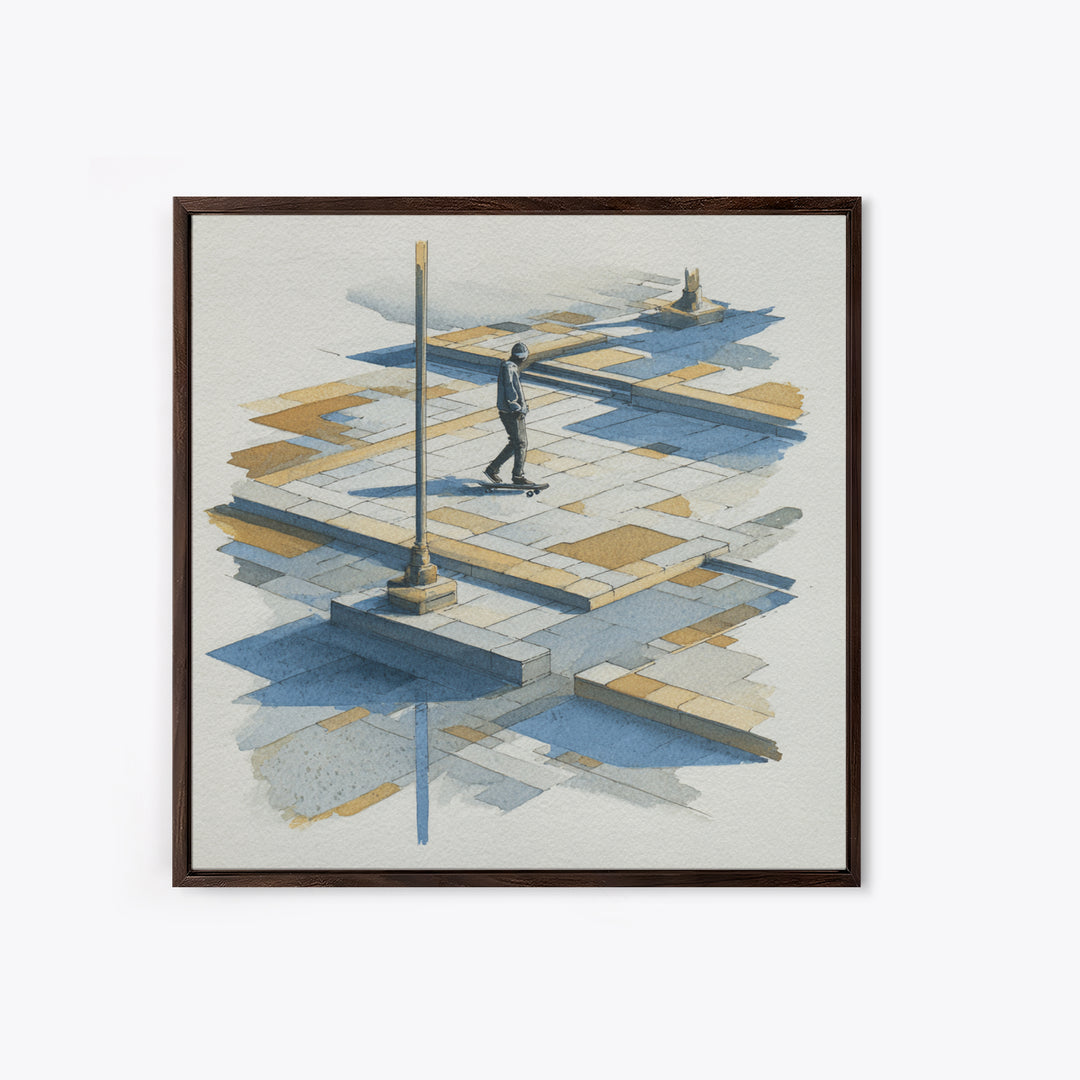 Skateboarder Crossing a Concrete Plaza Canvas Print, Urban Art, Basketball Wall Art, Living Room Decor, Watercolor Art, Urban, URB-1x1-55