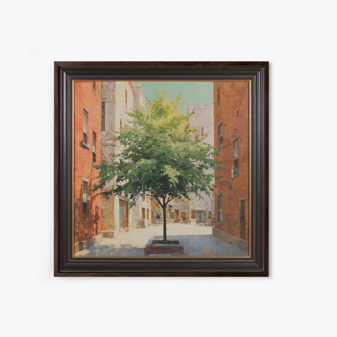 City Park Tree Framed by Buildings Framed Canvas Print, Urban Art, Colorful Wall Art, Living Room Decor, Abstract Art, Urban, URB-1x1-66