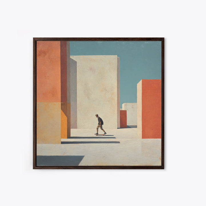 Skateboarder Crossing a Concrete Plaza Framed Canvas Print, Urban Art, Textured Wall Art, Living Room Decor, Fine Art, Urban, URB-1x1-7
