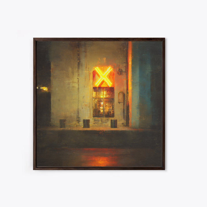 Neon Sign Glow Reflected on Black Street Framed Canvas Print, Urban Art, Gallery Decor, Living Room Decor, Fine Art, Urban, URB-1x1-78