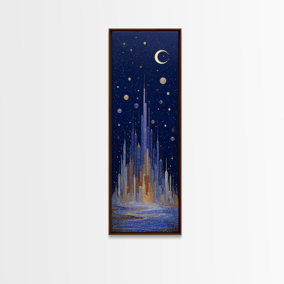 Night Skyline under Crescent Moon Canvas Print, Urban Art, Boho Decor, Living Room Decor, Abstract Art, Urban, Digital Prints, URB-1x3-12