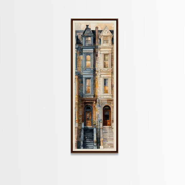 Brownstone Row in Soft Morning Light Framed Canvas Print, Urban Art, Art Print, Living Room Decor, Urban, Oil Painting, URB-1x3-24