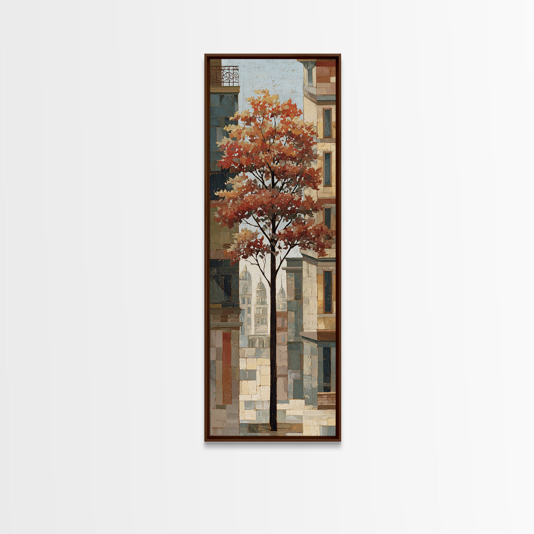 City Park Tree Framed by Buildings Framed Canvas Print, Urban Art, Canvas Painting, Living Room Decor, Oil Painting, Urban, URB-1x3-54