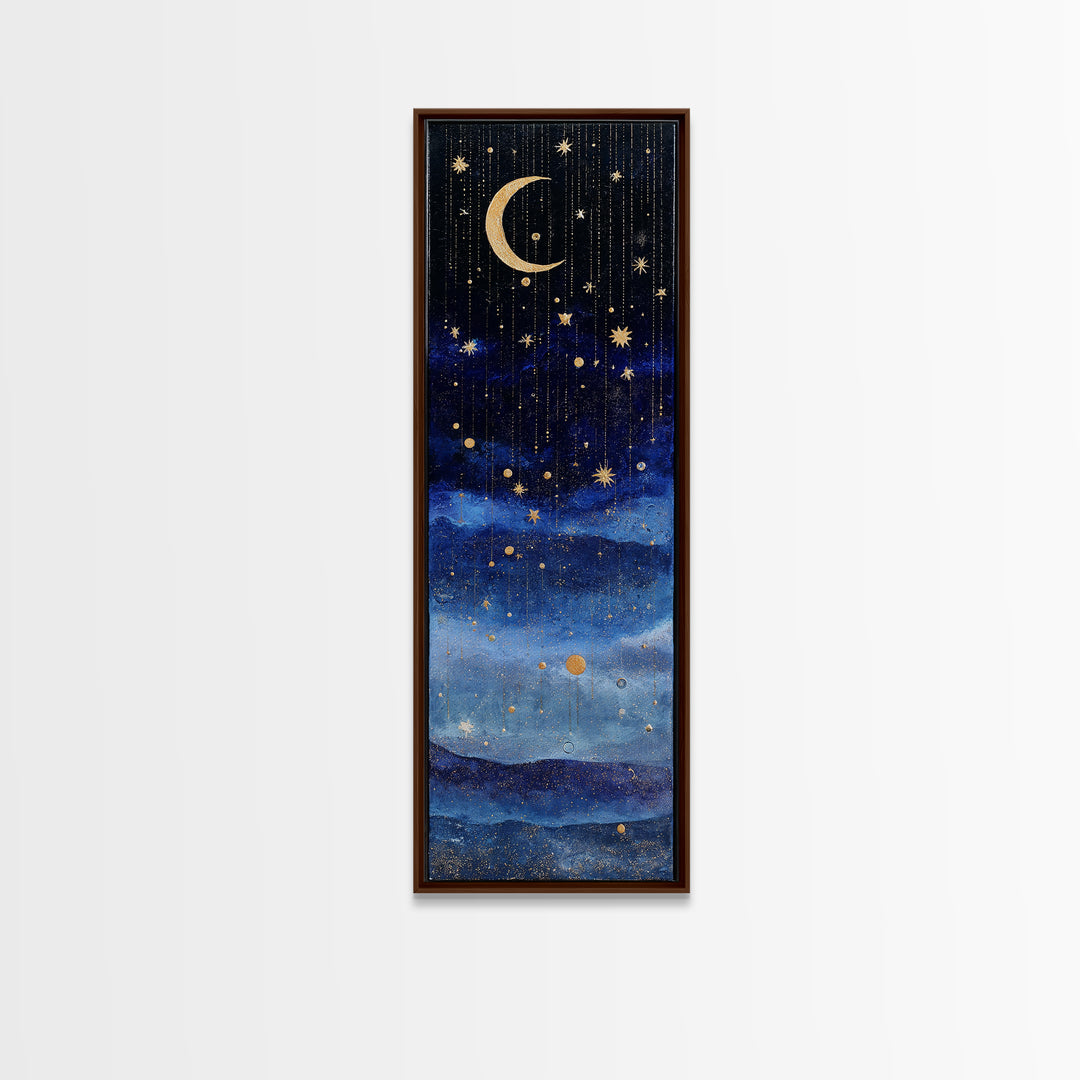 Night Skyline under Crescent Moon Canvas Print, Urban Art, Wall Decor, Living Room Decor, Fine Art, Urban, Living Room Wall Art, URB-1x3-60
