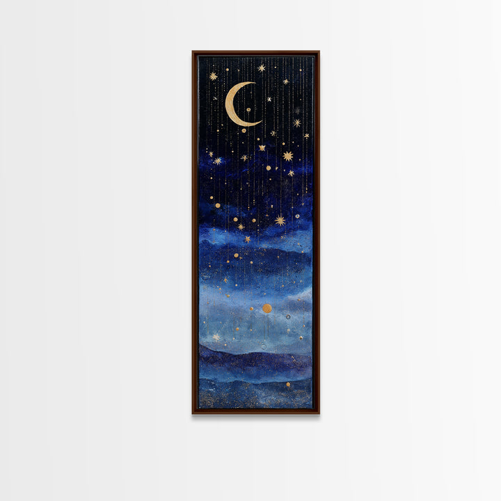 Night Skyline under Crescent Moon Canvas Print, Urban Art, Wall Decor, Living Room Decor, Fine Art, Urban, Living Room Wall Art, URB-1x3-60