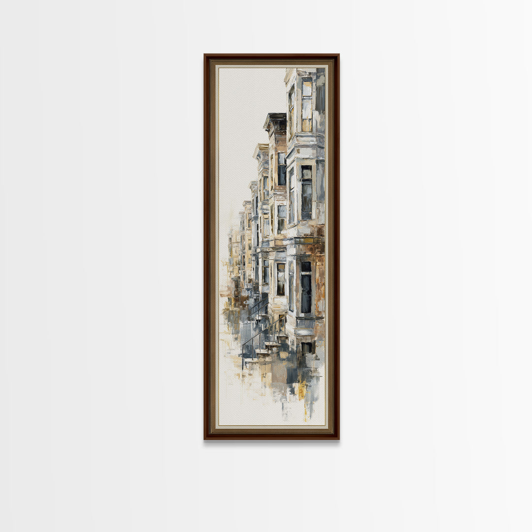 Brownstone Row in Soft Morning Light Canvas Print, Urban Art, Black Art, Living Room Decor, Fine Art, Urban, Canvas Painting, URB-1x3-72