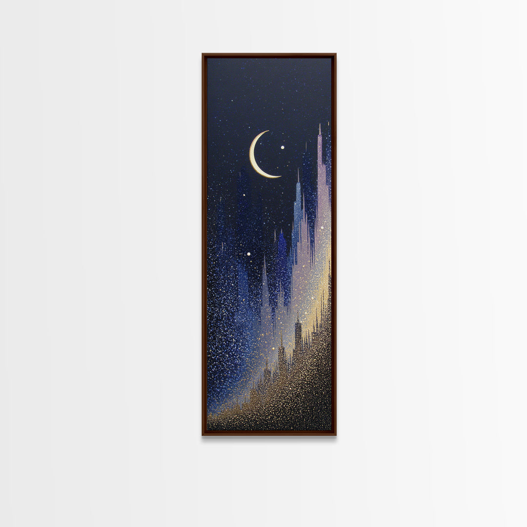 Night Skyline under Crescent Moon Framed Canvas Print, Urban Art, Original Art, Living Room Decor, Urban, Black Woman Art, URB-1x3-84