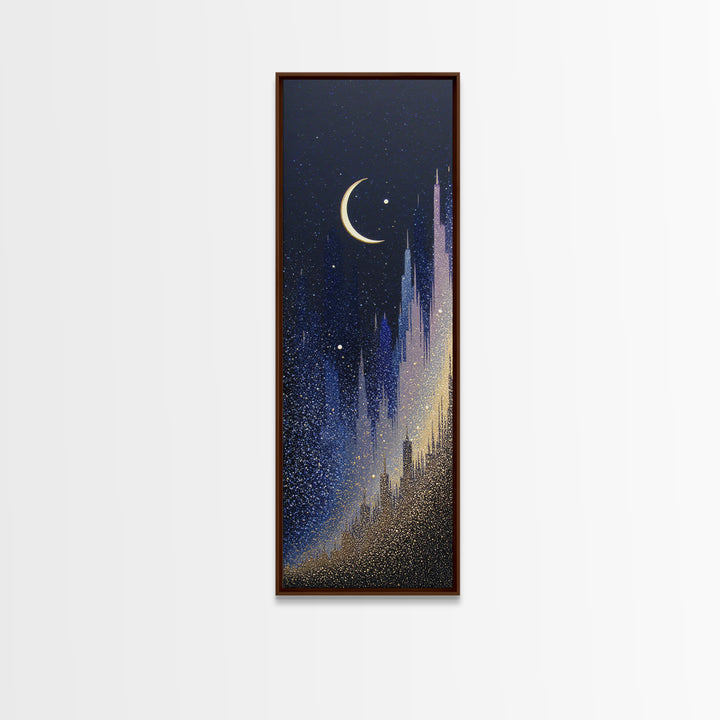 Night Skyline under Crescent Moon Framed Canvas Print, Urban Art, Original Art, Living Room Decor, Urban, Black Woman Art, URB-1x3-84