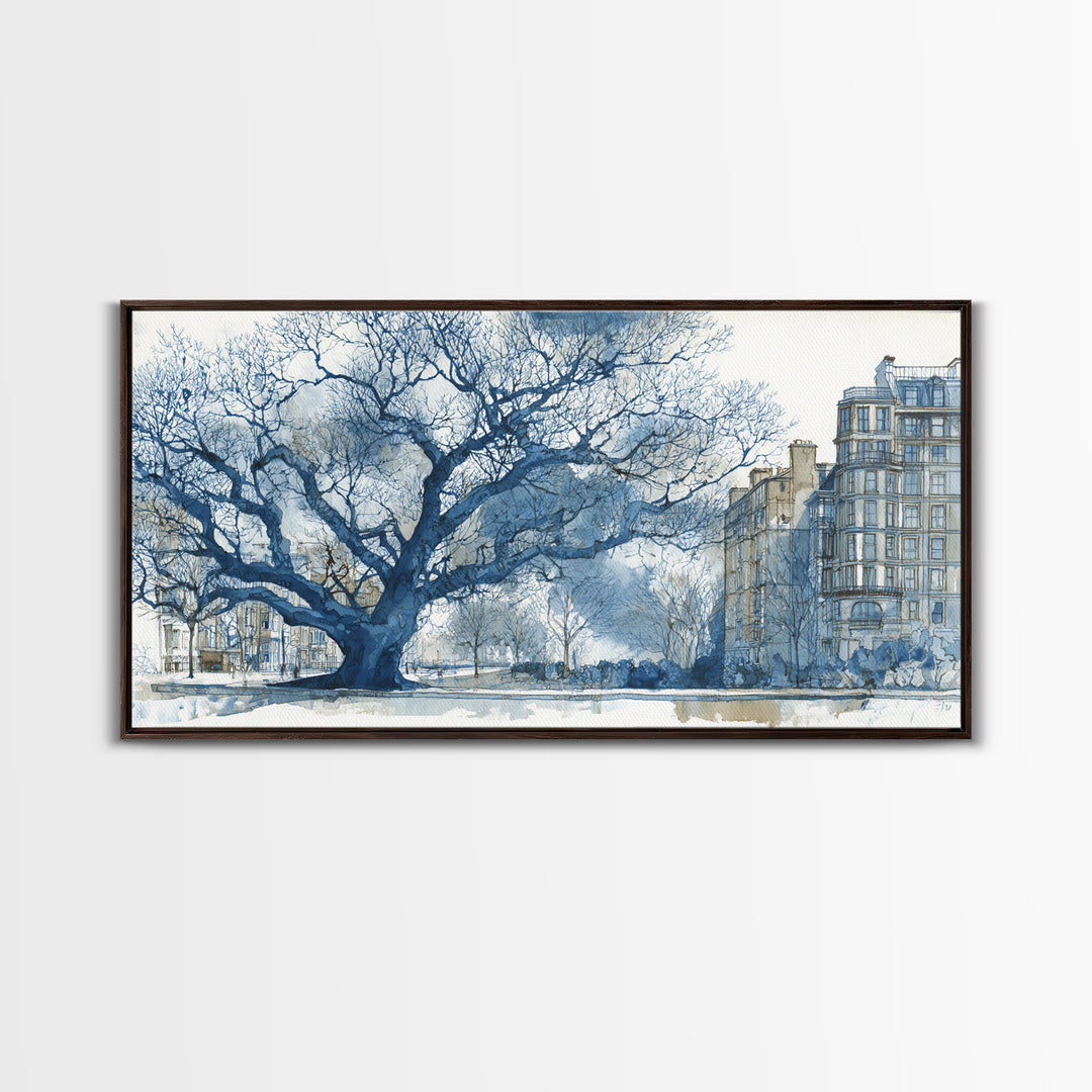 City Park Tree Framed by Buildings Framed Canvas Print, Urban Art, Fine Art Print, Living Room Decor, Watercolor Art, Urban, URB-2x1-14