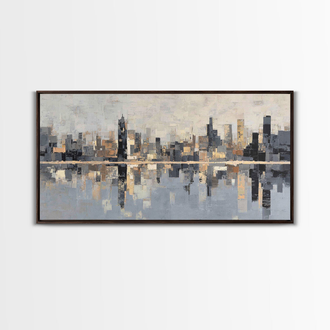 Moody City Skyline Reflected Framed Canvas Print, Urban Art, Original Painting, Living Room Decor, Urban, African American Art, URB-2x1-45