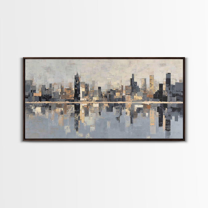 Moody City Skyline Reflected Framed Canvas Print, Urban Art, Original Painting, Living Room Decor, Urban, African American Art, URB-2x1-45