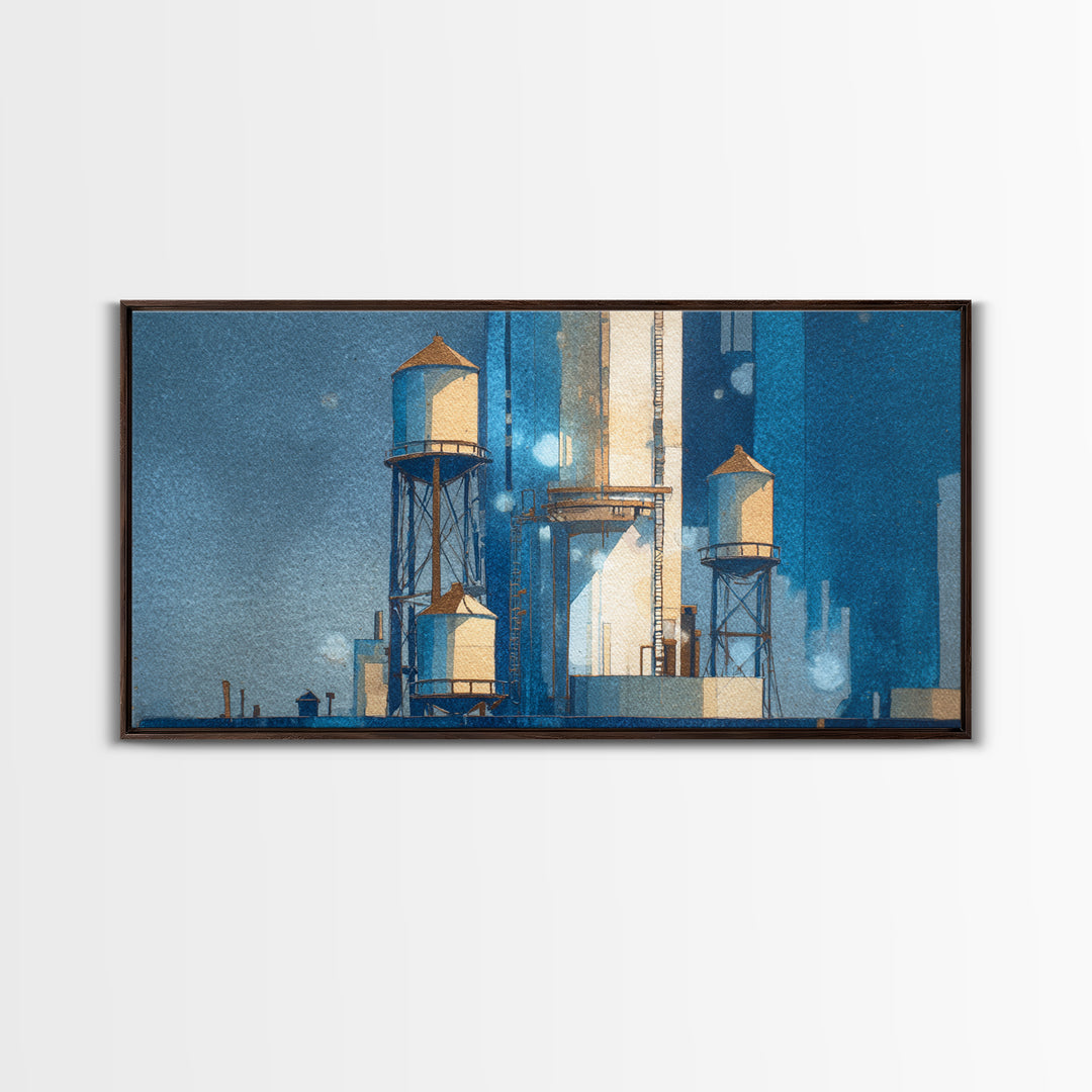 Rooftop Water Tower Framed Canvas Print, Urban Art, Poster, Living Room Decor, Watercolor Art, Urban, Modern Wall Art, URB-2x1-5
