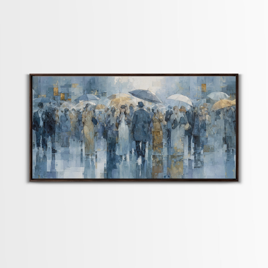 Rain Umbrella Figures Canvas Print, Urban Art, Oil Painting, Living Room Decor, Urban, Black Art Prints, Book Shelf Decor, URB-2x1-64