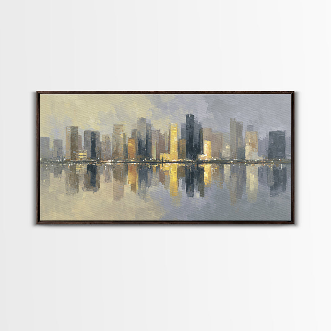 Moody City Skyline Reflected Canvas Print, Urban Art, Black Art, Living Room Decor, Abstract Art, Urban, Canvas Painting, URB-2x1-69
