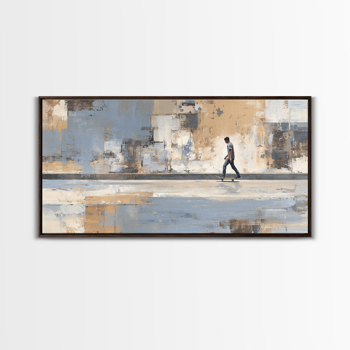 Skateboarder Crossing a Concrete Plaza Framed Canvas Print, Urban Art, Boho Decor, Living Room Decor, Fine Art, Urban, URB-2x1-75