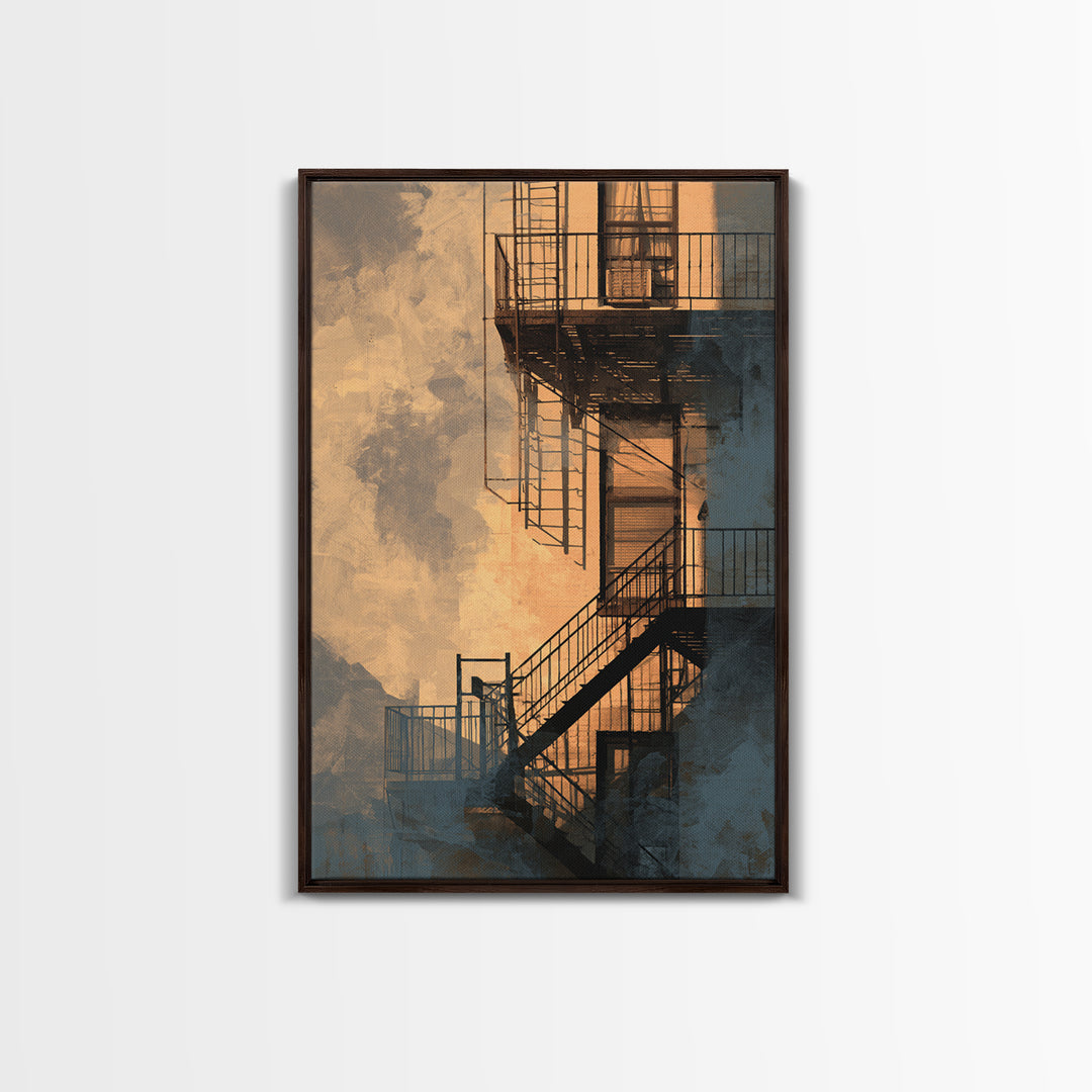 Fire Escape Silhouette Canvas Print, Urban Art, Luxury Decor, Living Room Decor, Fine Art, Urban, Oil Painting, URB-2x3-10