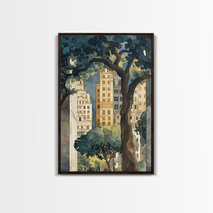 City Park Tree Framed by Buildings Framed Canvas Print, Urban Art, Boho Decor, Living Room Decor, Abstract Art, Urban, URB-2x3-2