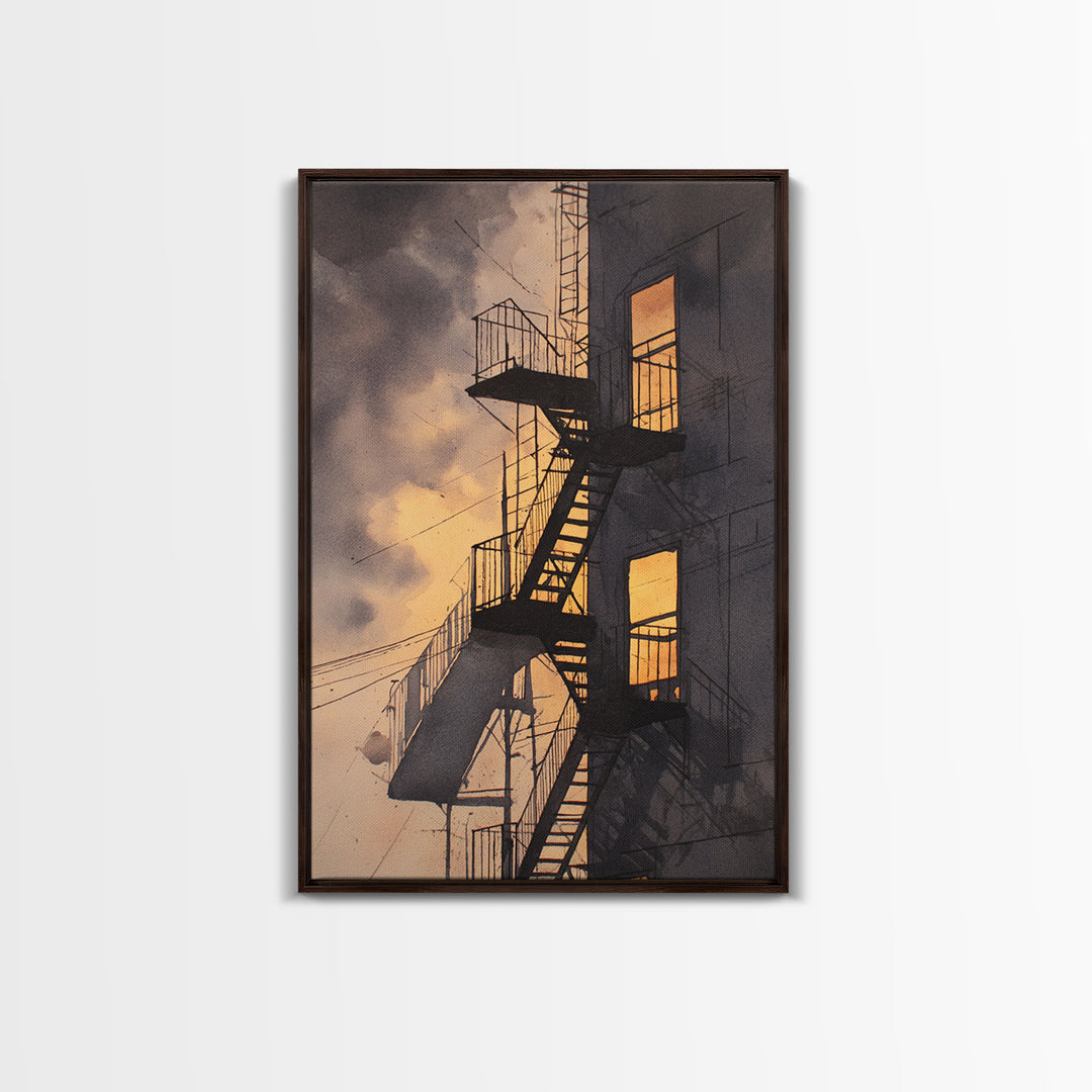 Fire Escape Silhouette Framed Canvas Print, Urban Art, Contemporary Art, Living Room Decor, Fine Art, Urban, Black Art, URB-2x3-34